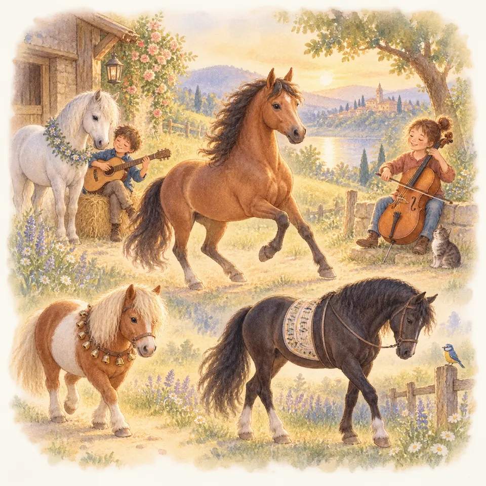 Un cheval bai trotte entre des enfants jouant de la guitare et du violoncelle, près d’un cheval gris et d’un poney alezan
