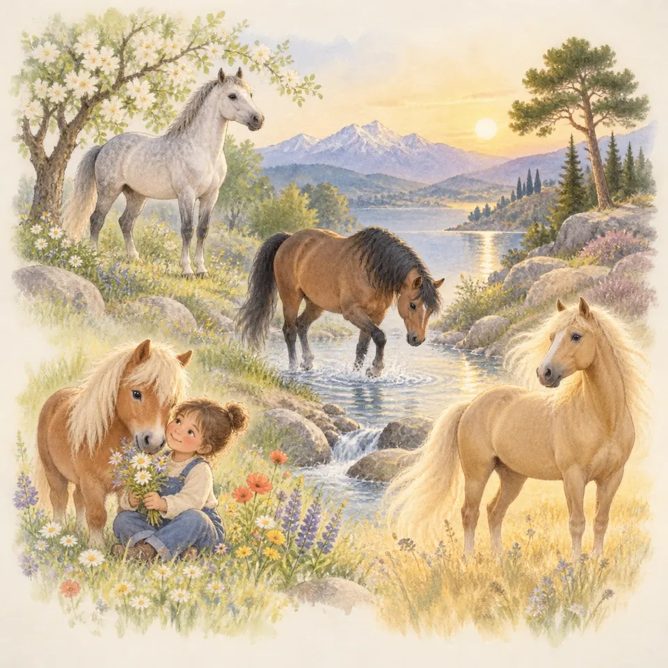 Un poney bai marche dans un ruisseau, entre un cheval gris, un palomino et un poney alezan près d’une enfant