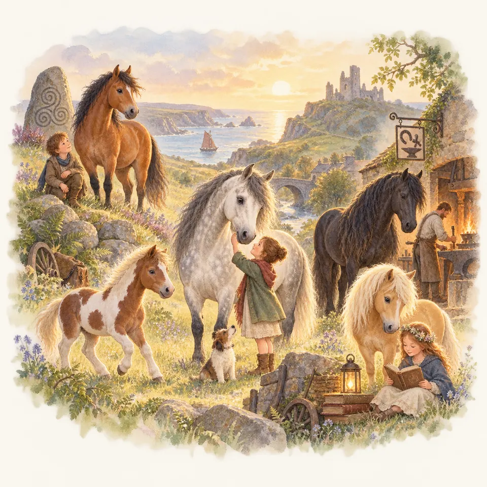 Une enfant caresse un cheval gris parmi des chevaux et poneys aux robes variées, près d’une forge et d’un château