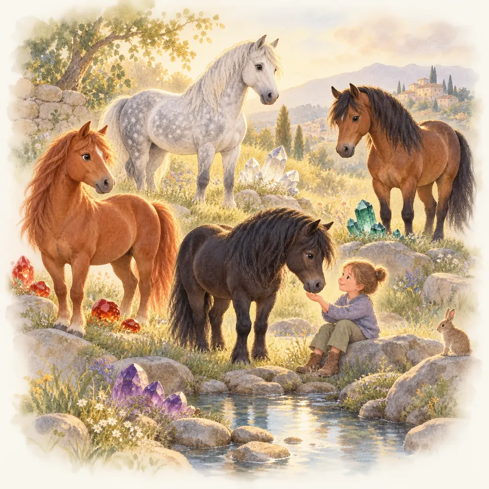 Une enfant tend la main vers un poney noir près d’un ruisseau, entourée de chevaux et de cristaux colorés