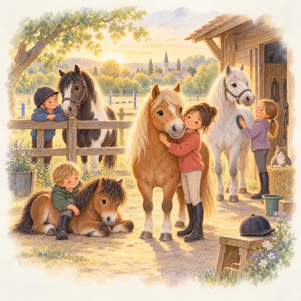 Des enfants caressent et pansent des poneys alezan, gris et pie dans la cour d’une écurie
