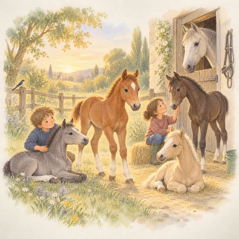 Deux enfants caressent des poulains gris et bai près de poulains alezan et palomino, devant une écurie