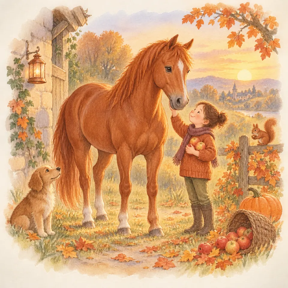Une enfant tenant des pommes caresse un cheval alezan à liste blanche devant une écurie, près d’un panier de fruits
