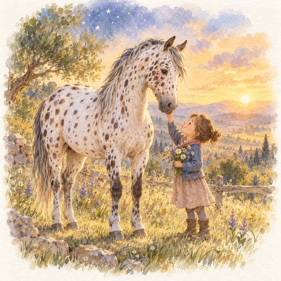 Une enfant tenant un bouquet caresse le museau d’un cheval appaloosa à robe blanche tachetée de brun dans un pré