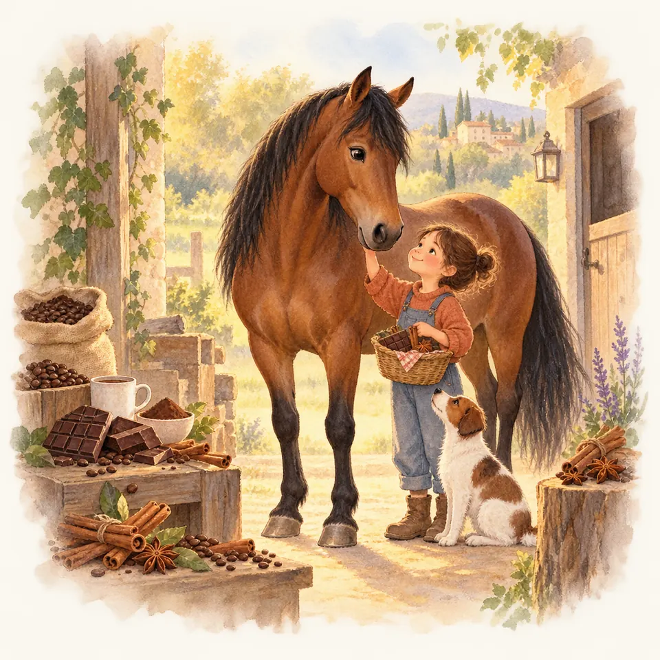 Une enfant caresse un cheval bai devant une porte en bois, un panier au bras et un chien assis à ses pieds
