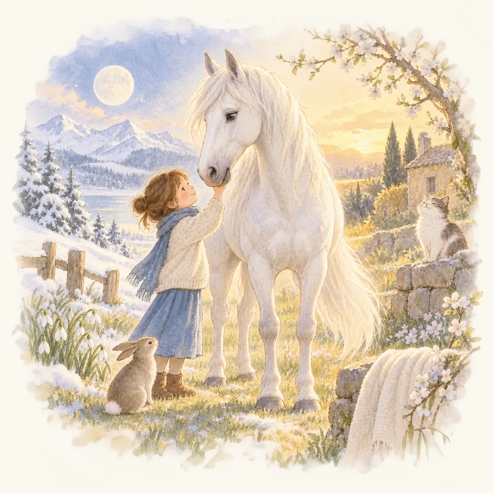 Une enfant caresse un cheval blanc près d’un lapin, entre prairie fleurie et paysage de montagnes enneigées