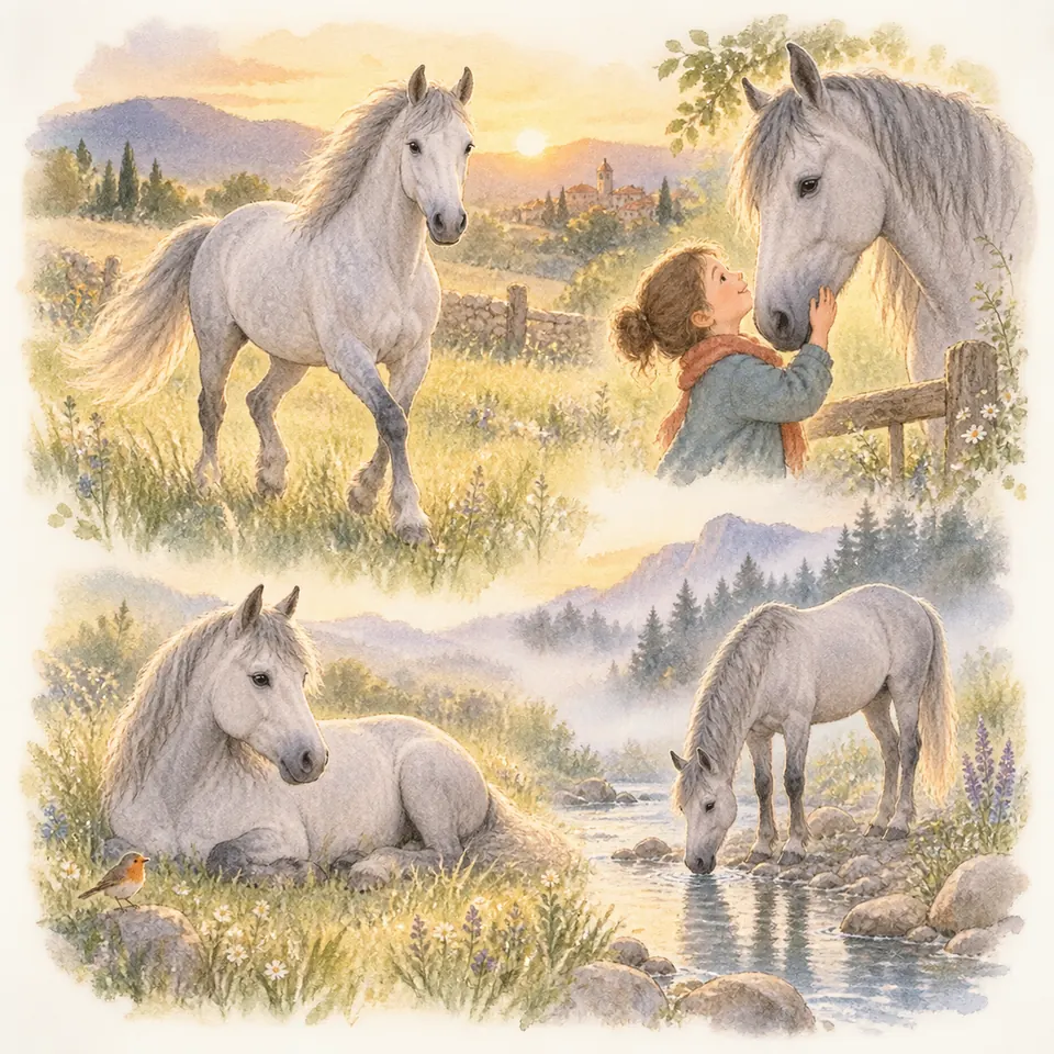 Des chevaux gris marchent au pré, se reposent et boivent au ruisseau, tandis qu’une enfant en caresse un près d’une clôture