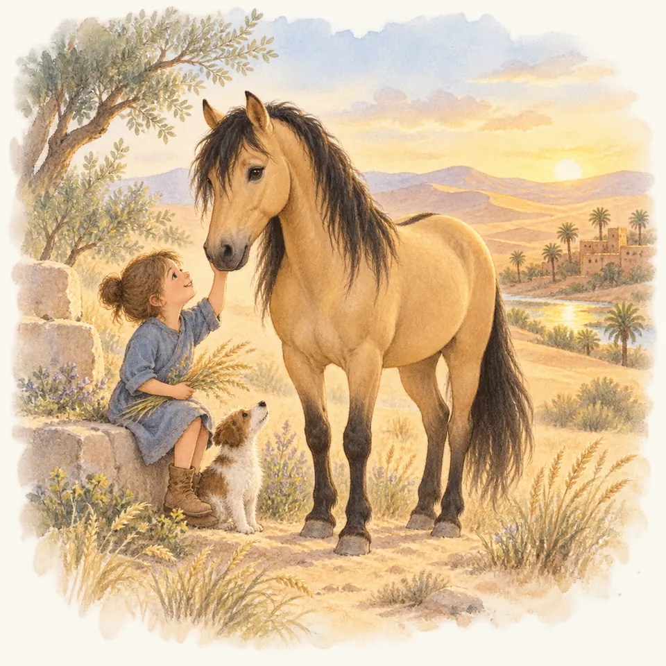 Une enfant assise sur un muret caresse un cheval isabelle aux crins noirs, près d’un chien et de collines arides
