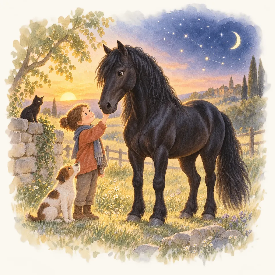 Une enfant caresse le museau d’un cheval noir dans un pré, avec un chien à ses pieds et un chat sur un muret