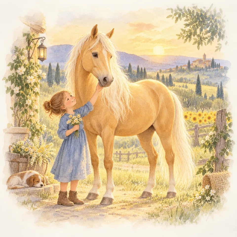 Une enfant tenant des fleurs caresse un cheval palomino aux longs crins clairs, près d’un chien couché et d’une clôture