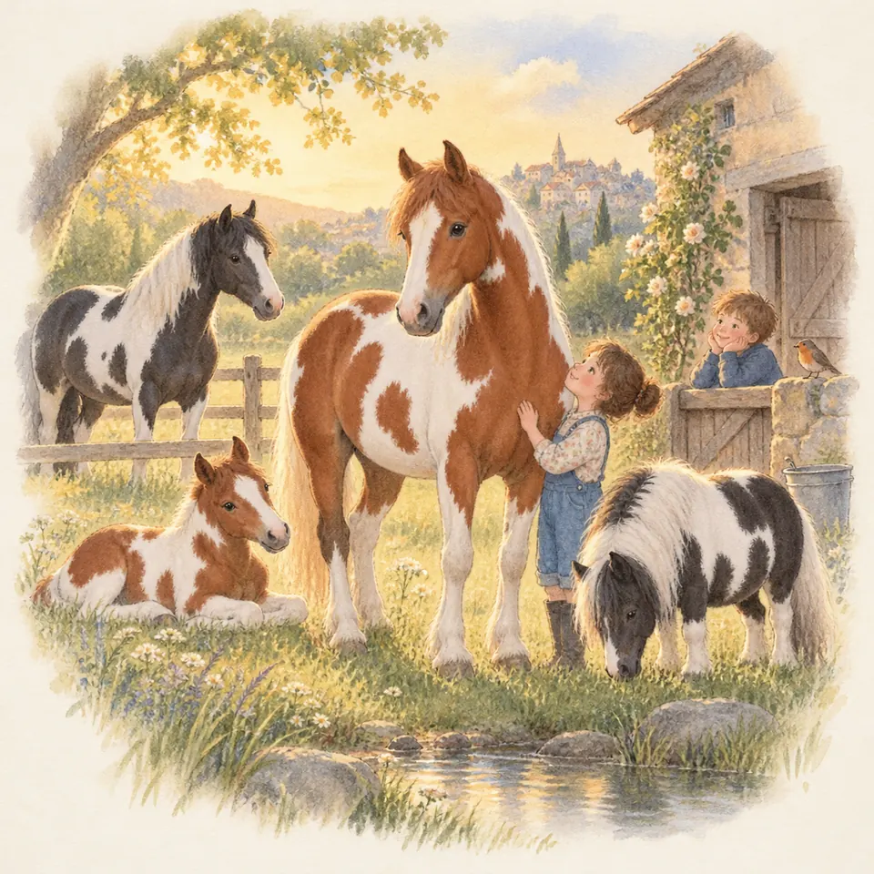 Une enfant caresse un cheval pie alezan près d’un poulain couché, tandis qu’un poney pie noir broute devant une écurie