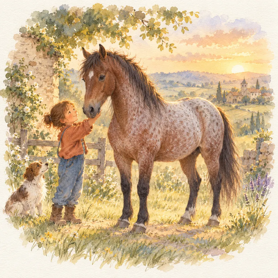 Une enfant caresse le museau d’un cheval rouan près d’un chien assis, devant une clôture et des collines au soleil couchant
