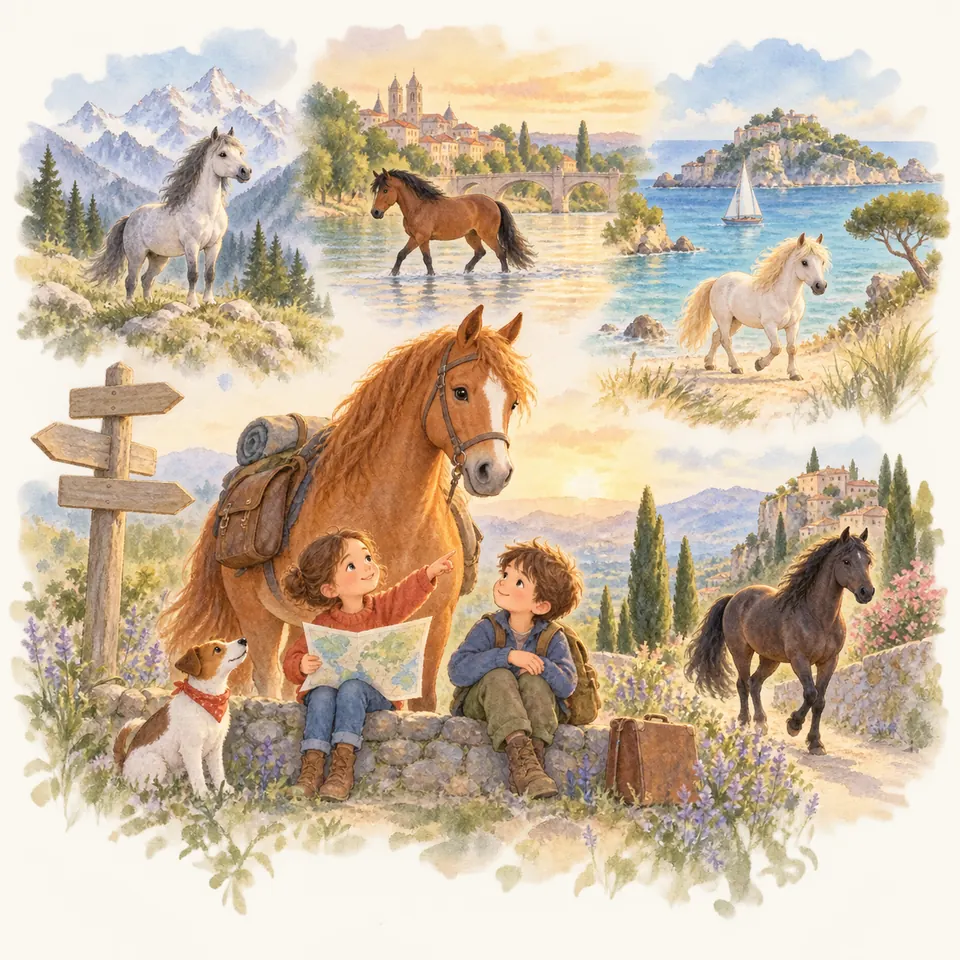 Un cheval alezan chargé de sacoches accompagne deux enfants avec une carte, entre chevaux, montagnes et bord de mer