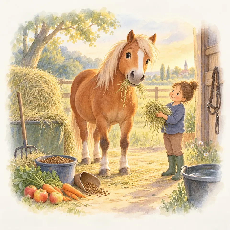 Un poney alezan mange du foin près d’une enfant qui en tient une brassée, devant l’écurie, avec des carottes et des granulés
