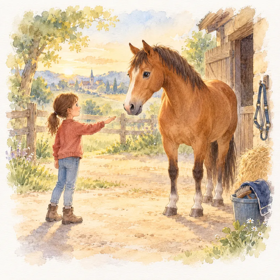 Une enfant tend la main vers le nez d’un cheval bai devant une écurie, près d’un seau de brosses et d’un licol suspendu