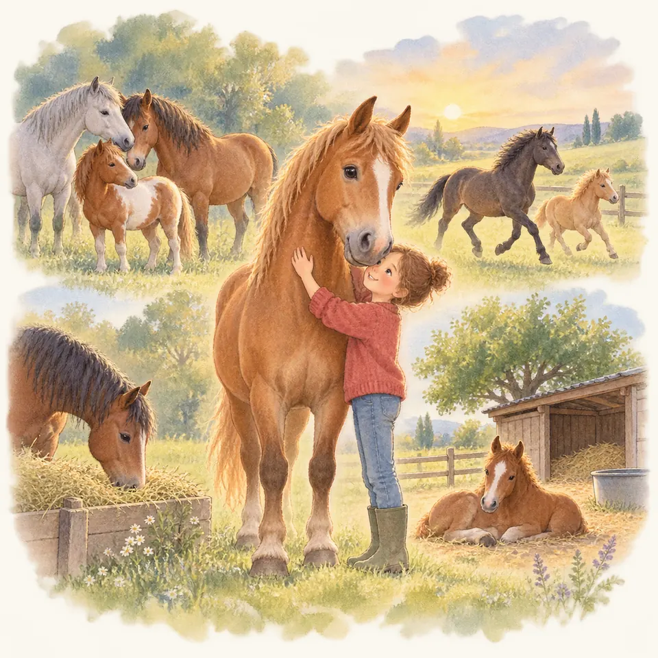 Une enfant enlace l’encolure d’un cheval alezan, entourée de chevaux au pré, d’un cheval mangeant du foin et d’un poulain couché