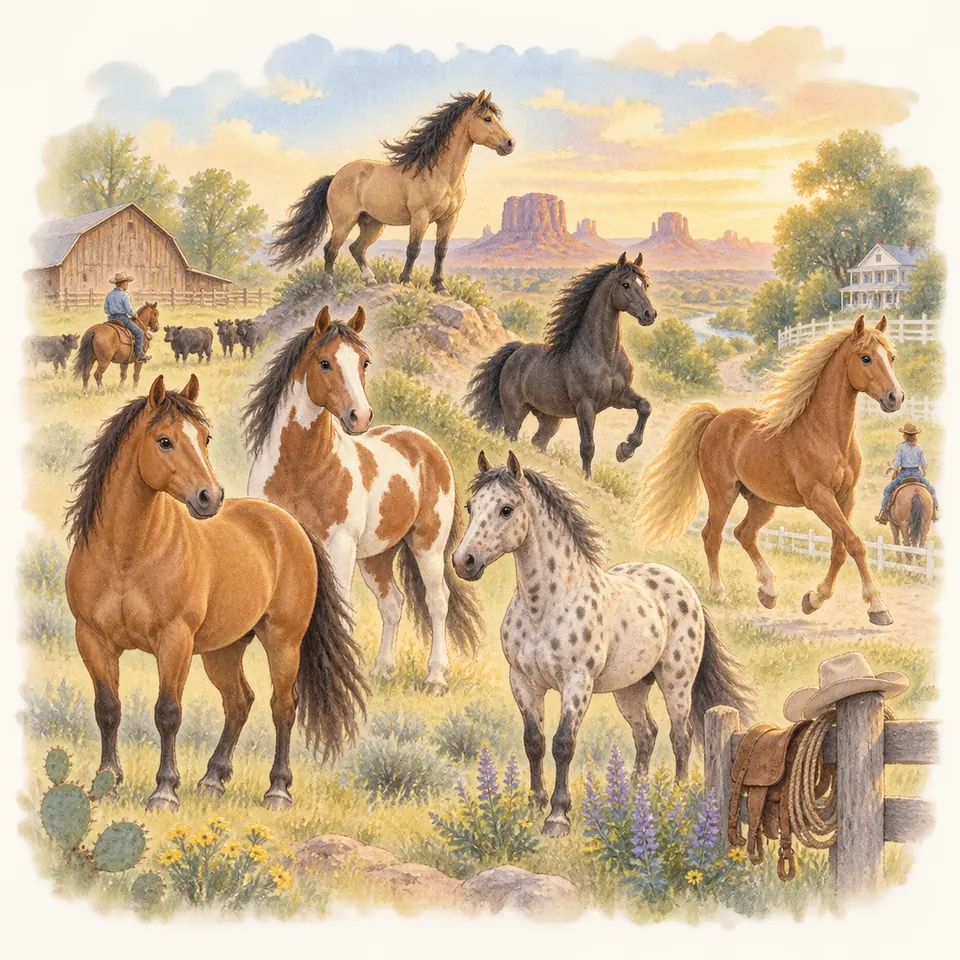 Des chevaux bai, pie, noir, palomino et tacheté se tiennent dans un paysage de ranch, avec des cavaliers et du bétail au loin