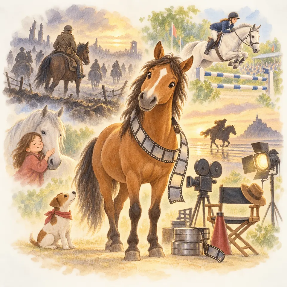 Un cheval bai porte une pellicule autour de l’encolure près d’une caméra, entouré de scènes de cavaliers et d’un cheval gris