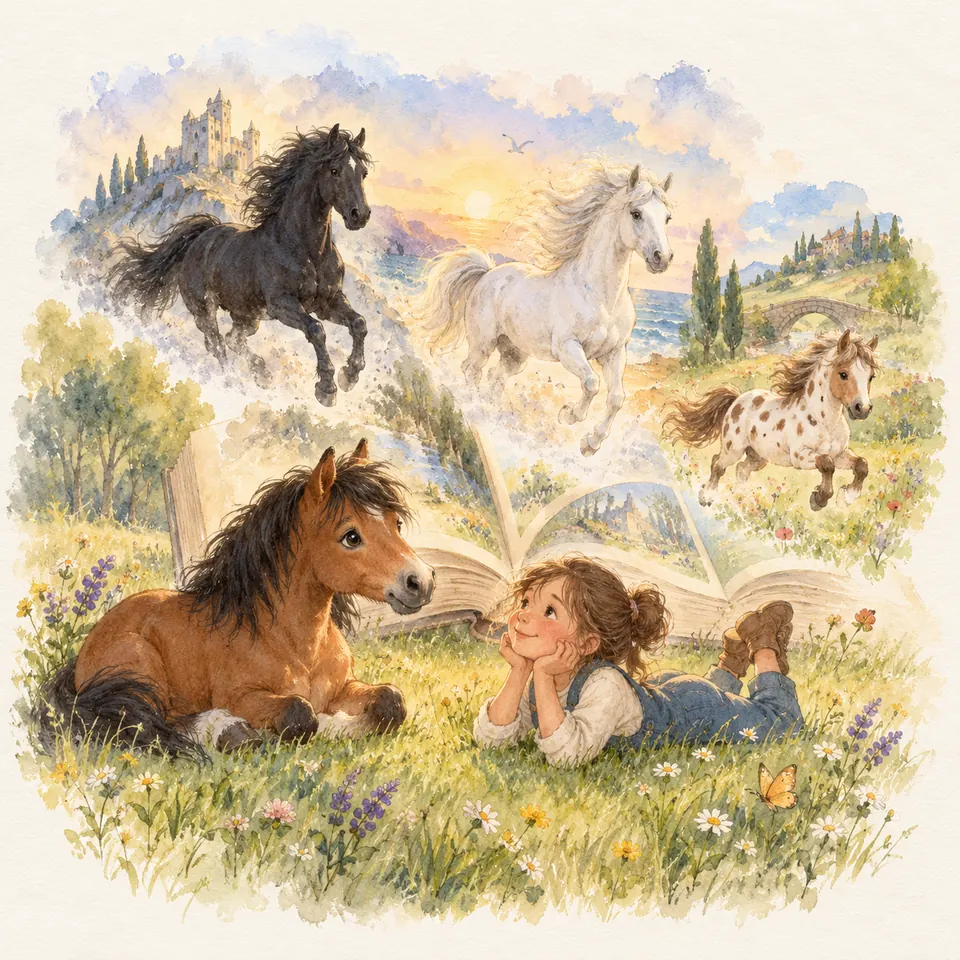 Une enfant allongée dans l’herbe regarde un poney bai couché, devant un livre ouvert et des chevaux noir, gris et tacheté
