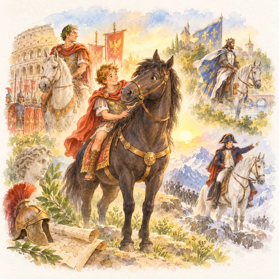Un cheval noir monté par un jeune cavalier en cape rouge côtoie des chevaux gris et leurs cavaliers en tenue historique