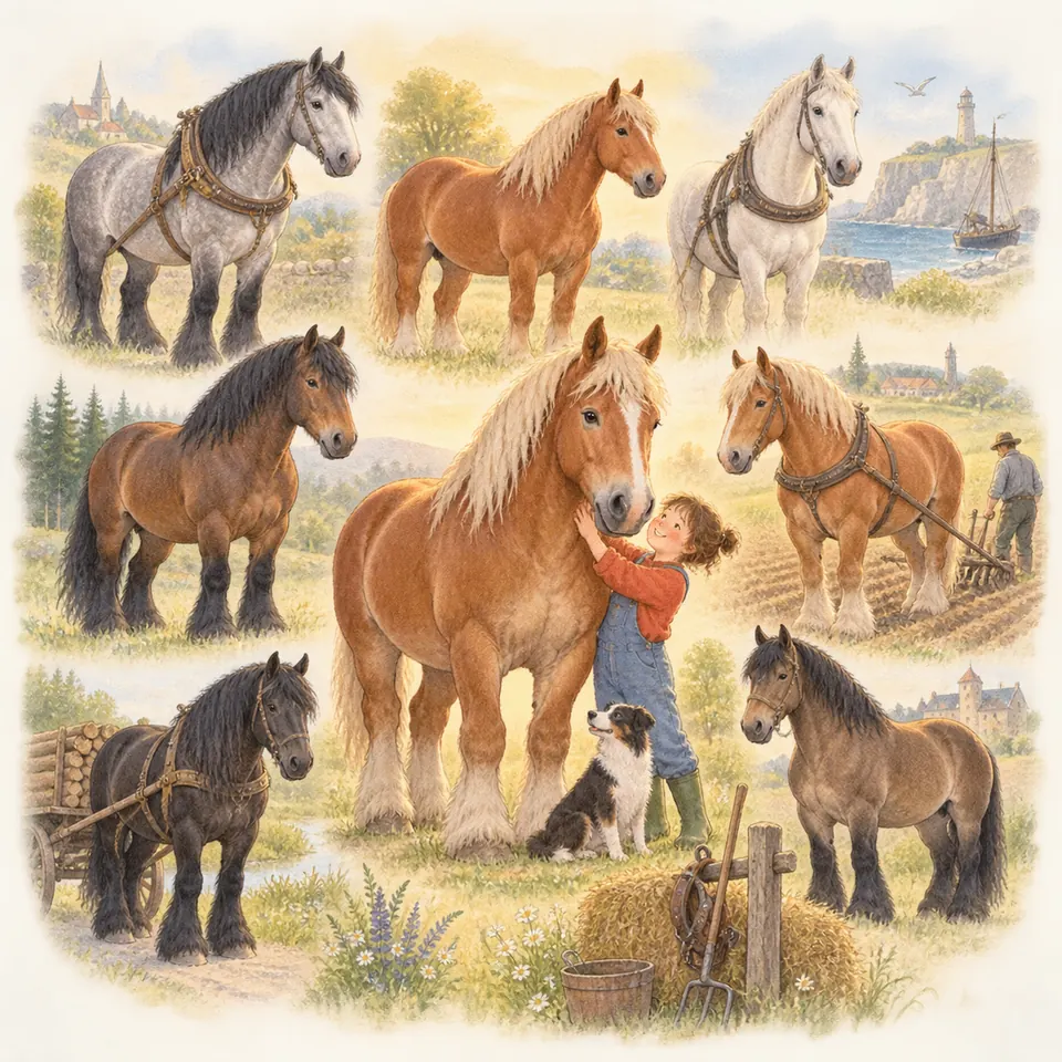 Un enfant caresse un cheval de trait alezan aux crins clairs, entouré de chevaux gris, bais et noirs, dont deux attelés