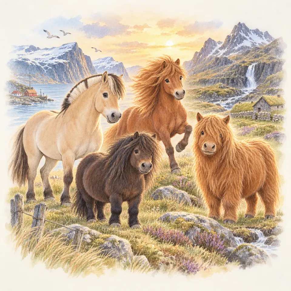 Quatre chevaux et poneys aux robes isabelle, alezane et baie se tiennent dans une prairie rocheuse entre fjord et montagnes