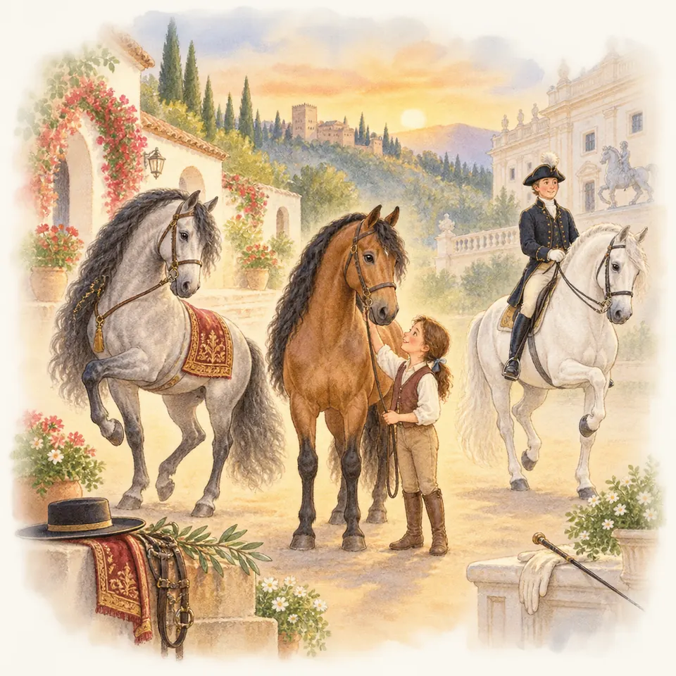 Un enfant caresse un cheval bai entre un cheval gris levant les antérieurs et un cheval gris monté dans une cour fleurie