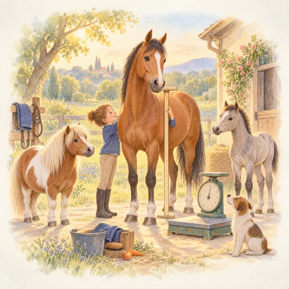 Un enfant mesure un cheval bai avec une toise près d’une balance, d’un poney pie alezan et d’un poulain gris devant l’écurie