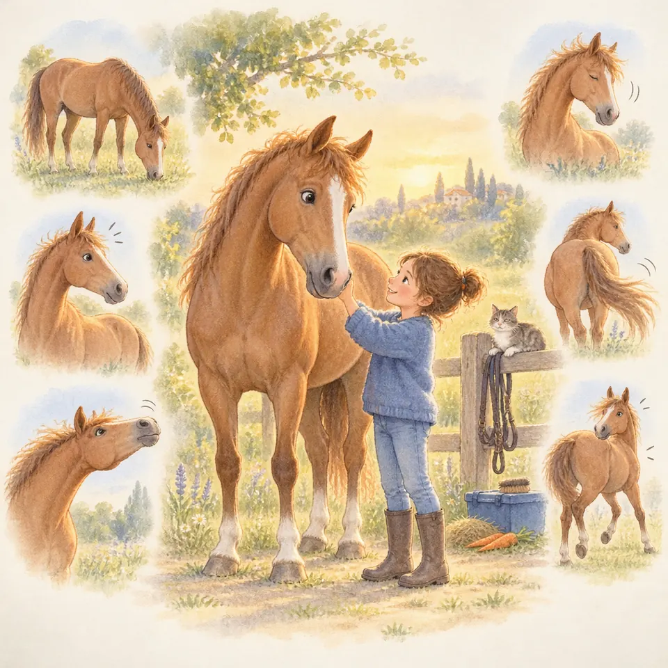 Un enfant caresse l’encolure d’un cheval alezan près d’une clôture, entouré de scènes montrant ses oreilles et ses mouvements