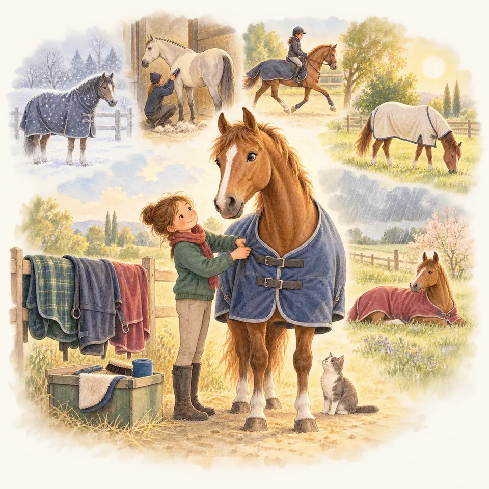 Un enfant ajuste les attaches d’une couverture bleue sur un cheval alezan, près d’une clôture où pendent plusieurs couvertures