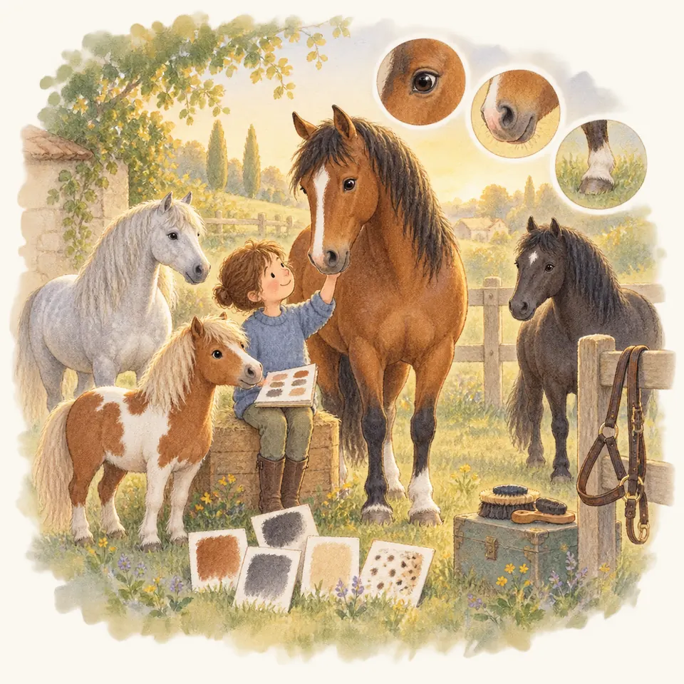 Un enfant touche le bout du nez d’un cheval bai, entouré d’un cheval gris, d’un poney noir et d’un poney pie alezan