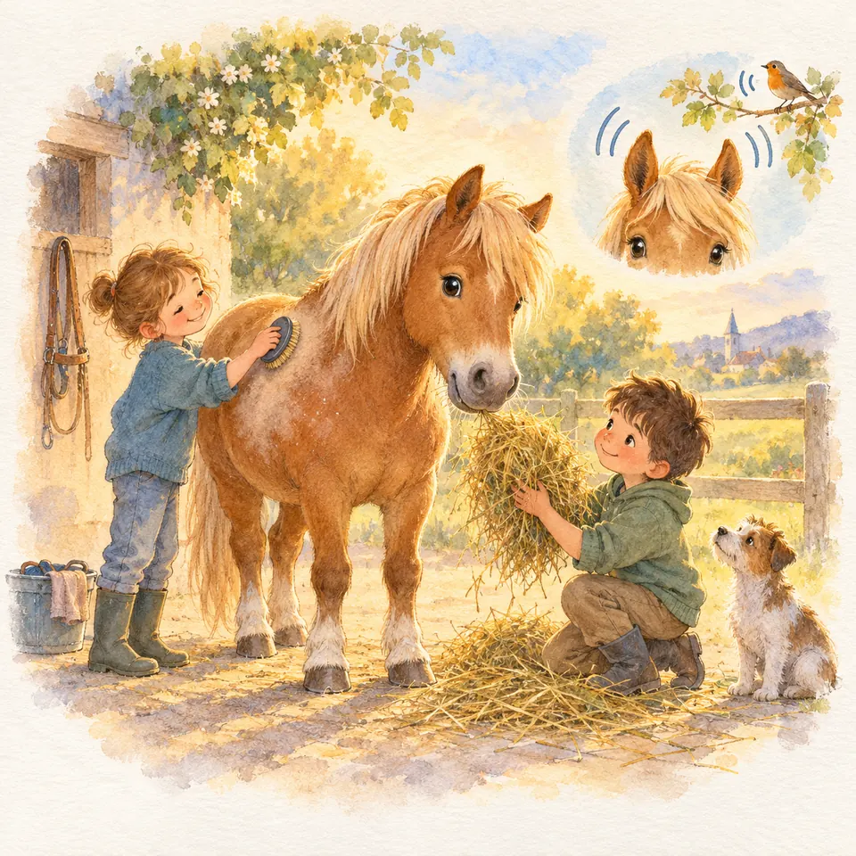 Une enfant brosse un poney alezan à la crinière blonde tandis qu’un garçon lui présente du foin près d’une clôture