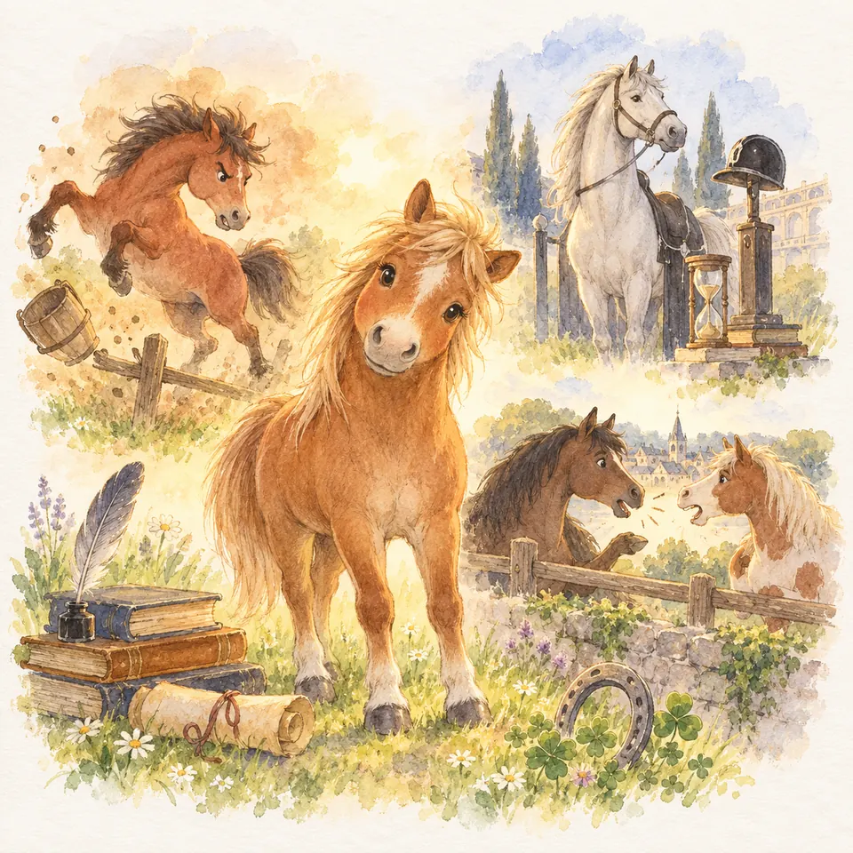 Un poney alezan entouré de livres, d’une plume et d’un fer à cheval, avec des chevaux qui sautent ou se font face