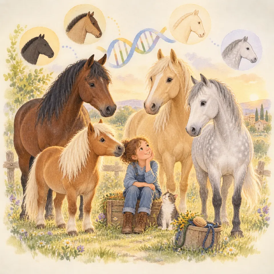 Une enfant assise parmi des chevaux bai, palomino et gris et un poney alezan, sous une double hélice d’ADN