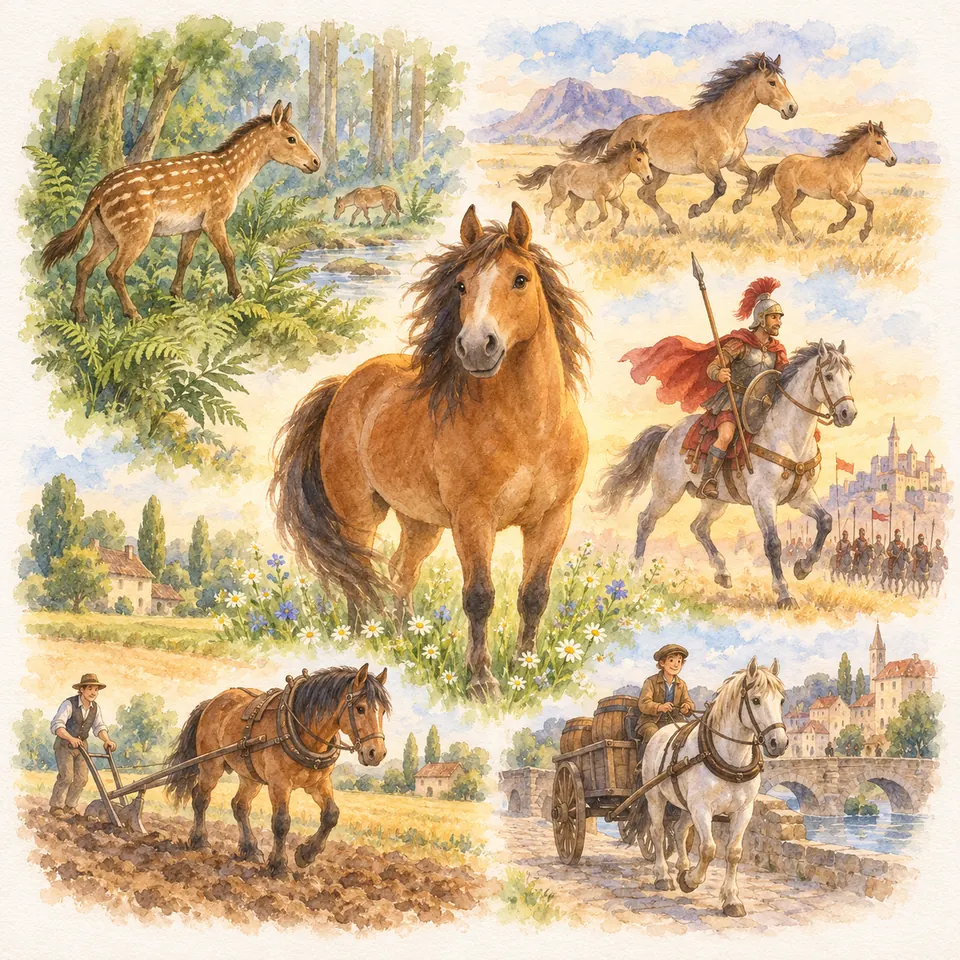 Un cheval bai entouré de scènes avec des équidés anciens, un cavalier en armure, un cheval de labour et une charrette