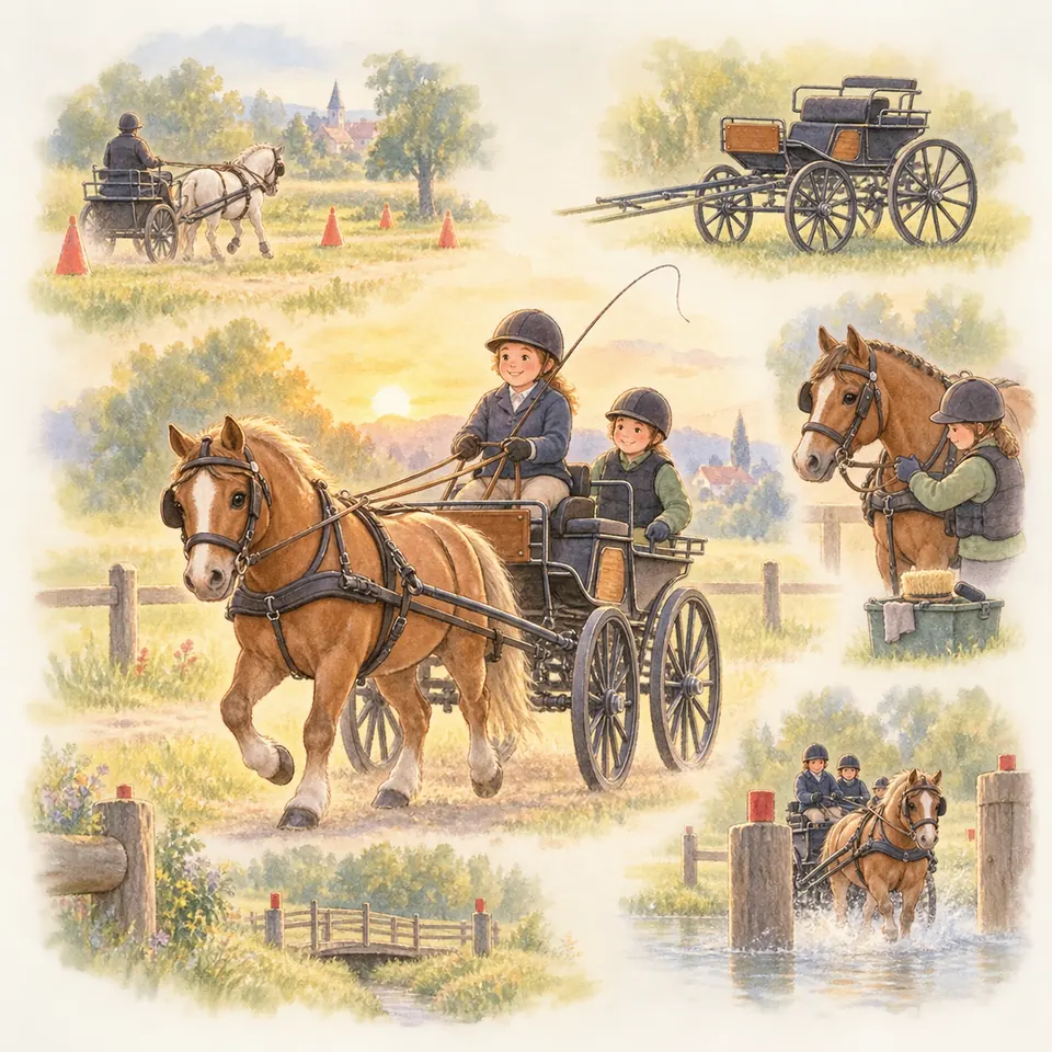 Un poney alezan attelé à une voiture menée par une enfant casquée, avec des scènes de slalom et de passage dans l’eau