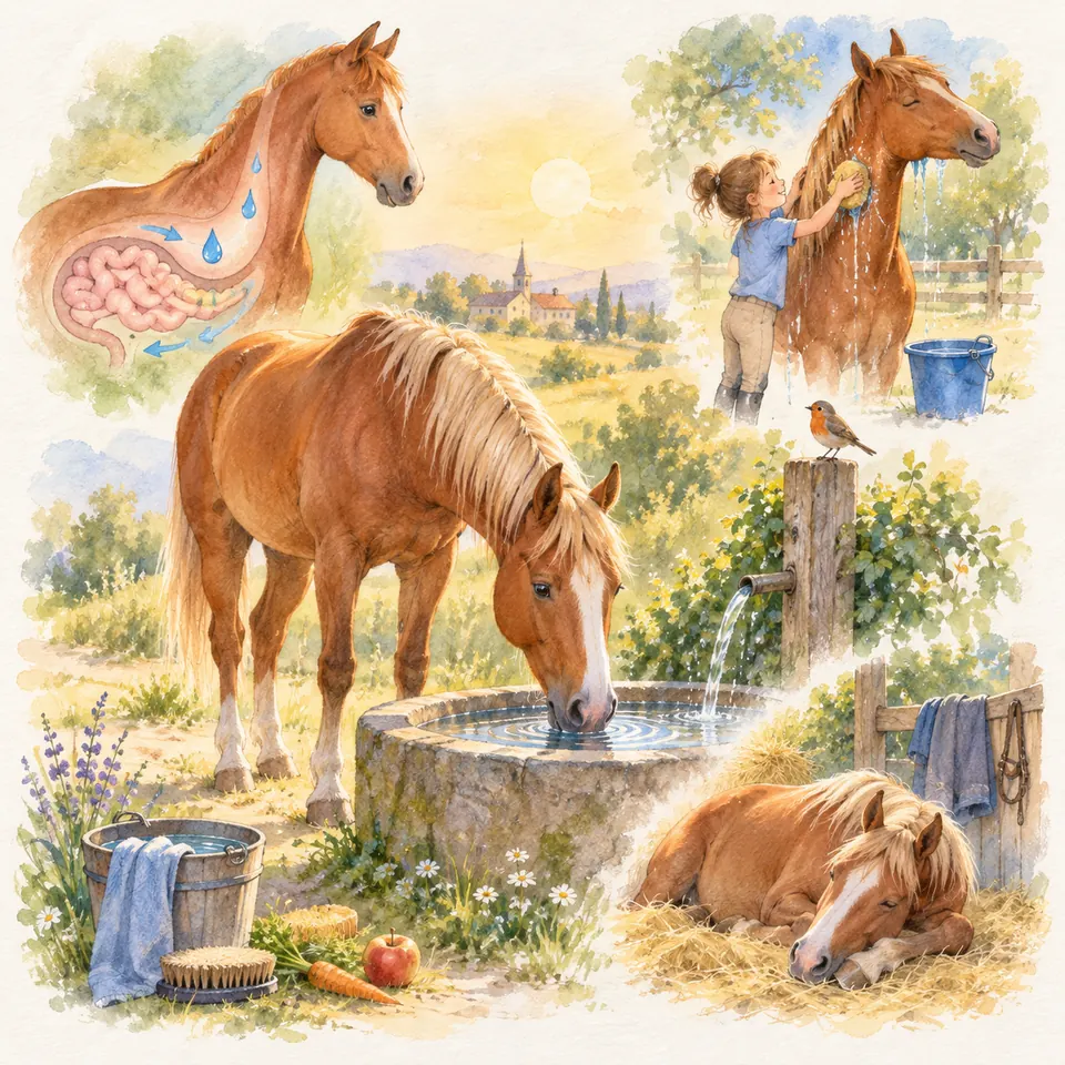 Un poney alezan boit dans un abreuvoir en pierre, tandis qu’une enfant douche un cheval et qu’un autre est couché