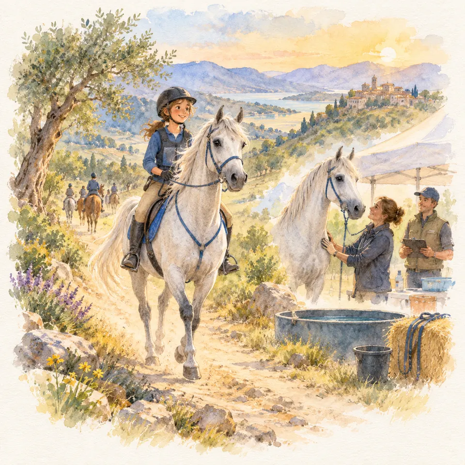 Une cavalière casquée monte un cheval gris sur un sentier vallonné, près d’un autre cheval gris examiné sous une tente