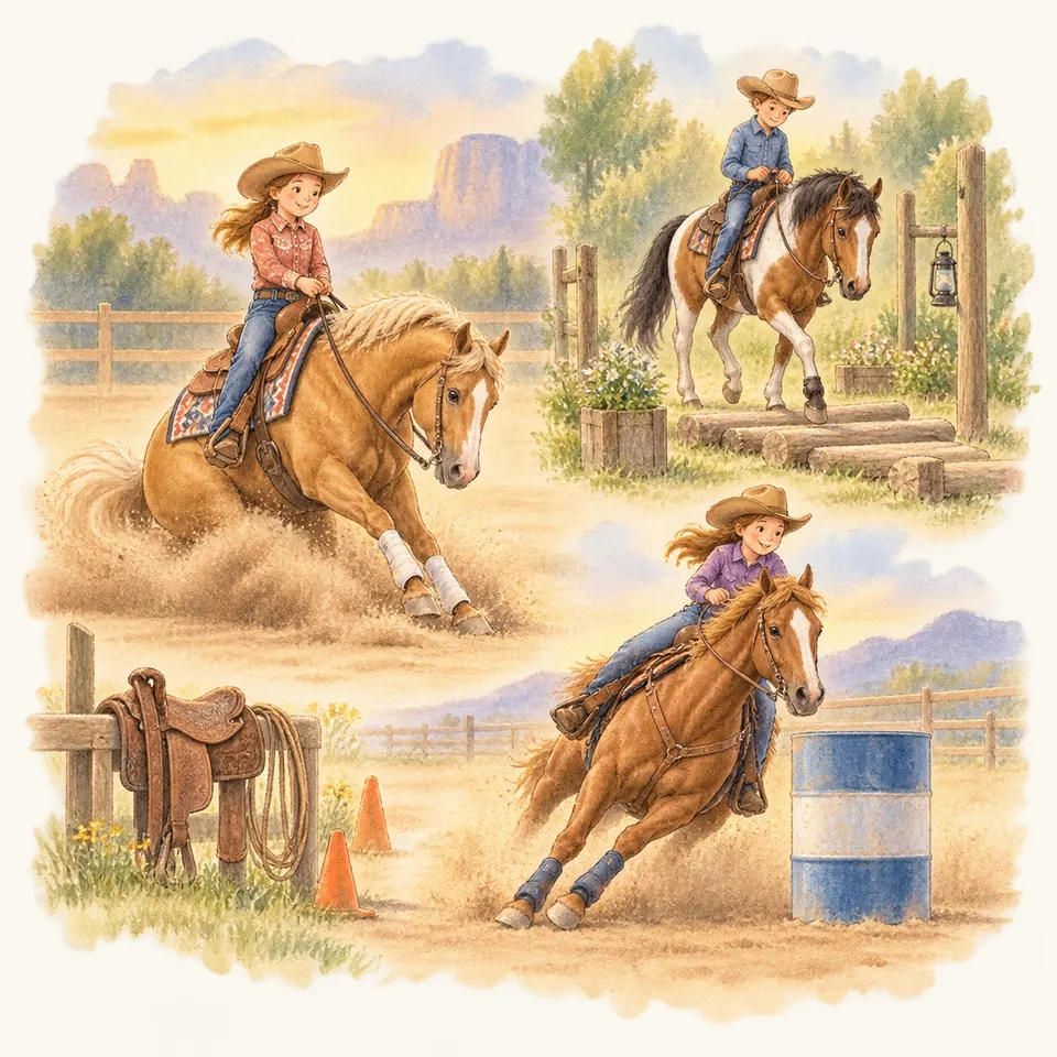 Des cavaliers en selle western guident leurs chevaux dans un arrêt glissé, sur des barres au sol et autour d’un tonneau