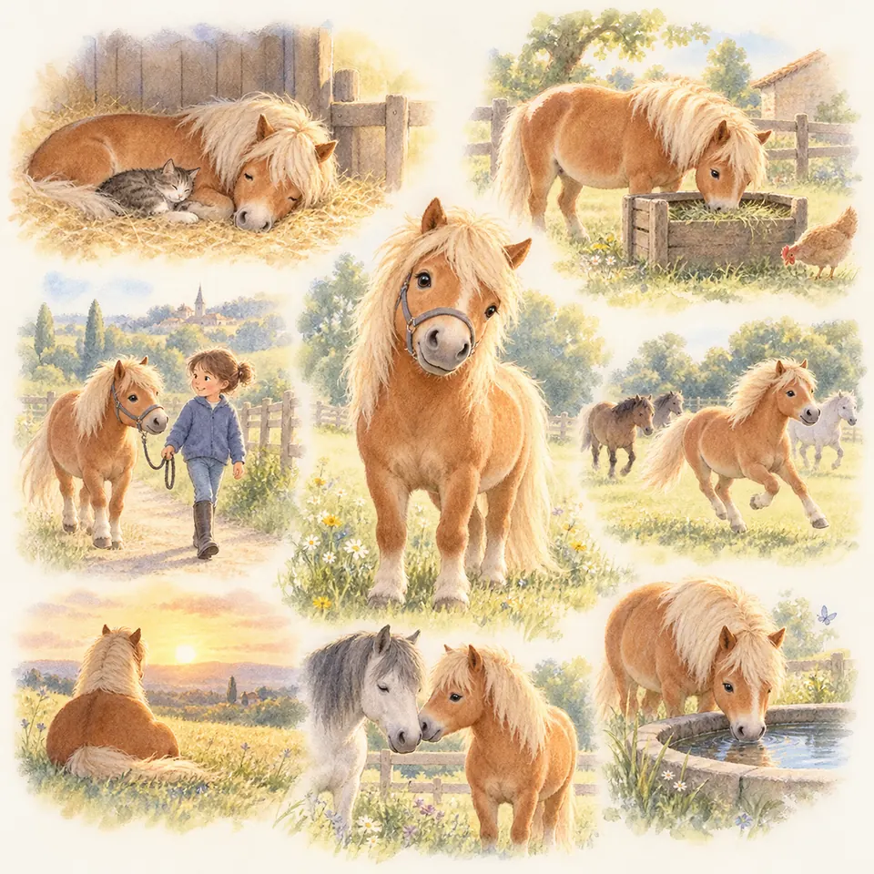 Un poney alezan aux crins clairs dort sur la paille, mange, boit et marche en main avec une enfant près du pré