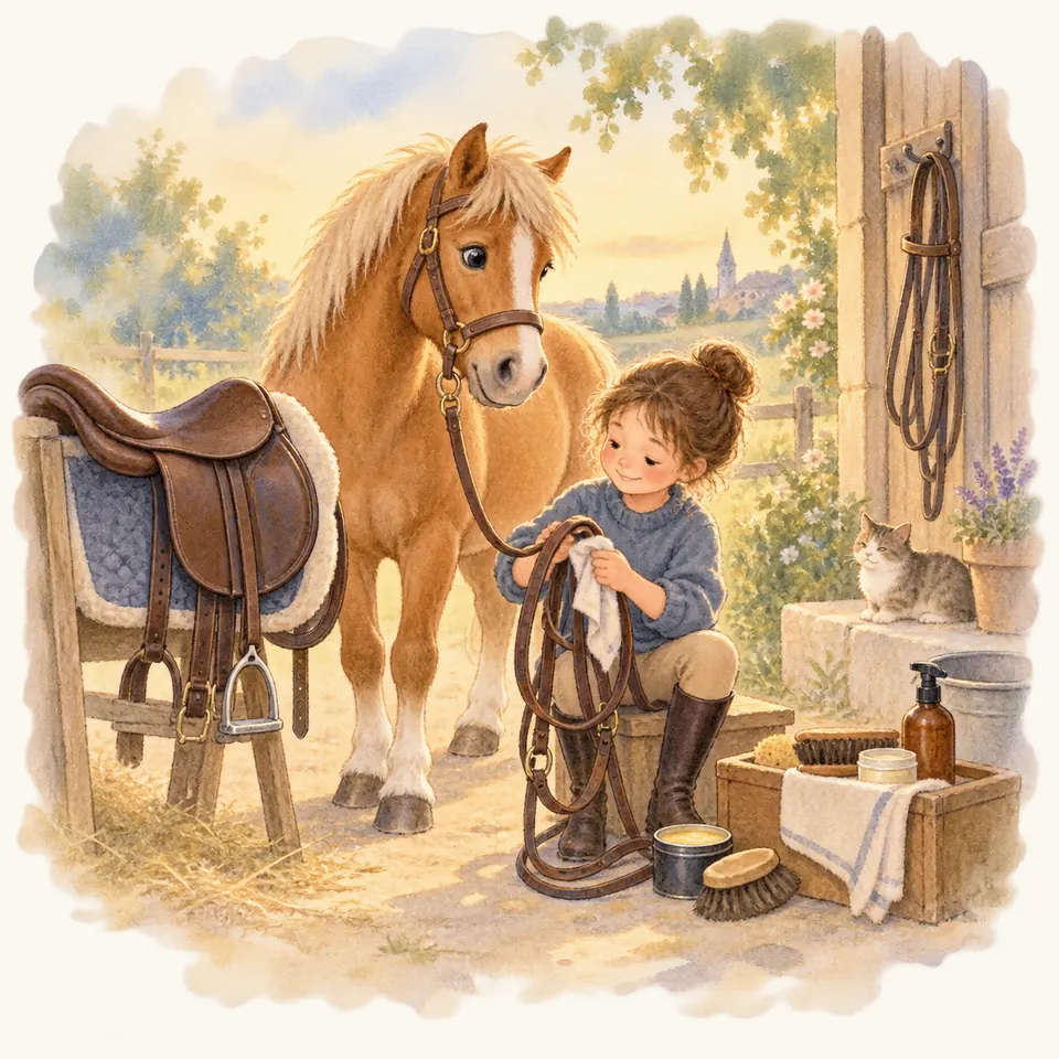 Une enfant nettoie un bridon avec un chiffon près d’un poney alezan, d’une selle sur un support et de brosses