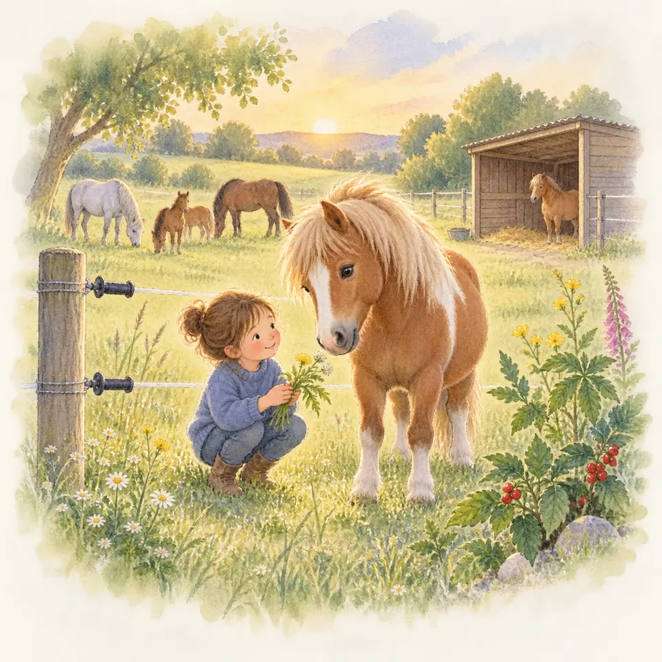 Une enfant accroupie tient des fleurs près d’un poney alezan, dans un pré clôturé avec un troupeau et un abri