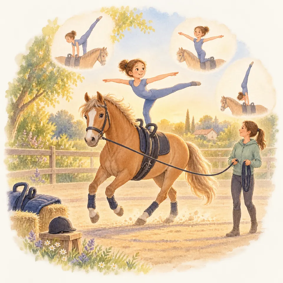Une voltigeuse en équilibre sur un cheval alezan tend les bras et lève une jambe tandis qu’une longeuse la guide