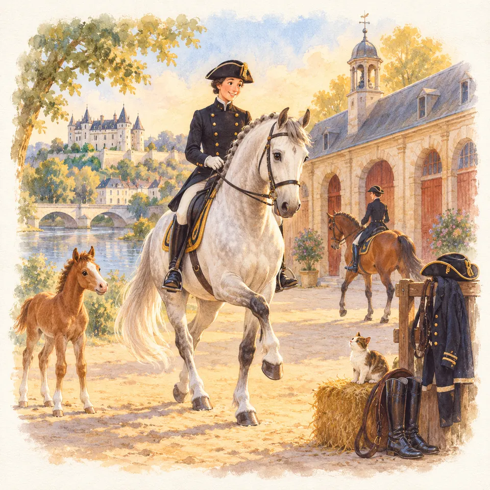 Une cavalière en uniforme noir monte un cheval gris devant un haras, près d’un poulain et d’un autre cavalier