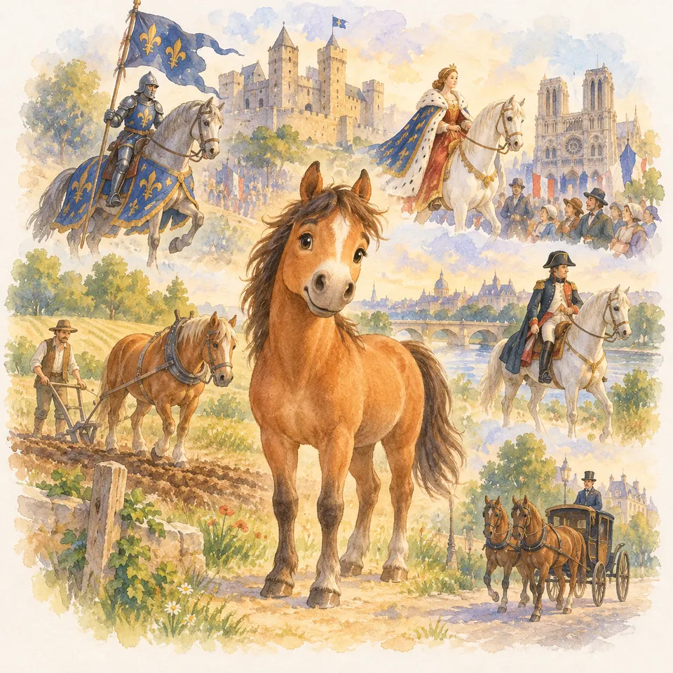 Un cheval bai entouré de scènes de chevalerie, de labour et d’attelage, devant des châteaux et une cathédrale