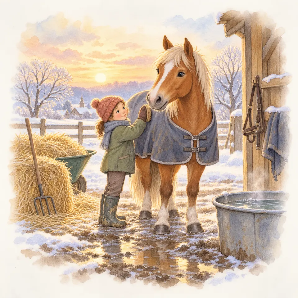 Un enfant caresse un cheval palomino couvert près d’un abri, avec du foin, un bac d’eau et un sol boueux enneigé