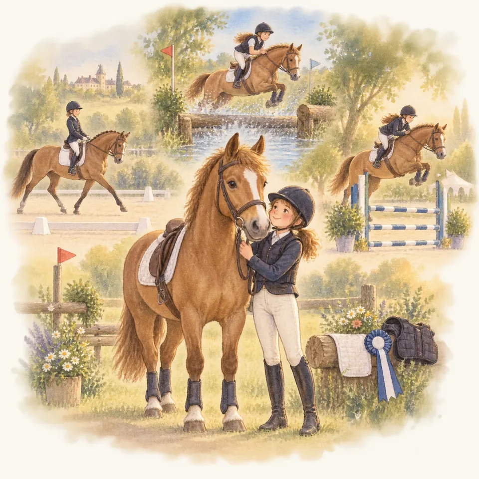 Une cavalière tient un cheval alezan sellé, entourée de scènes de dressage, de cross et de saut d’obstacles