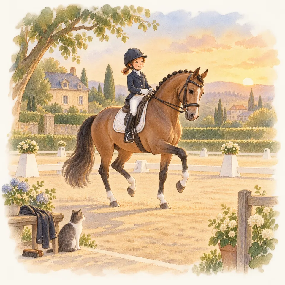 Une cavalière en tenue de concours monte un cheval bai à la crinière nattée, un antérieur levé dans un carré de dressage