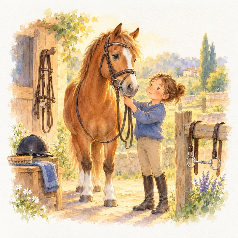 Une enfant touche le mors d’un cheval alezan portant un filet, près de pièces de harnachement suspendues à une clôture