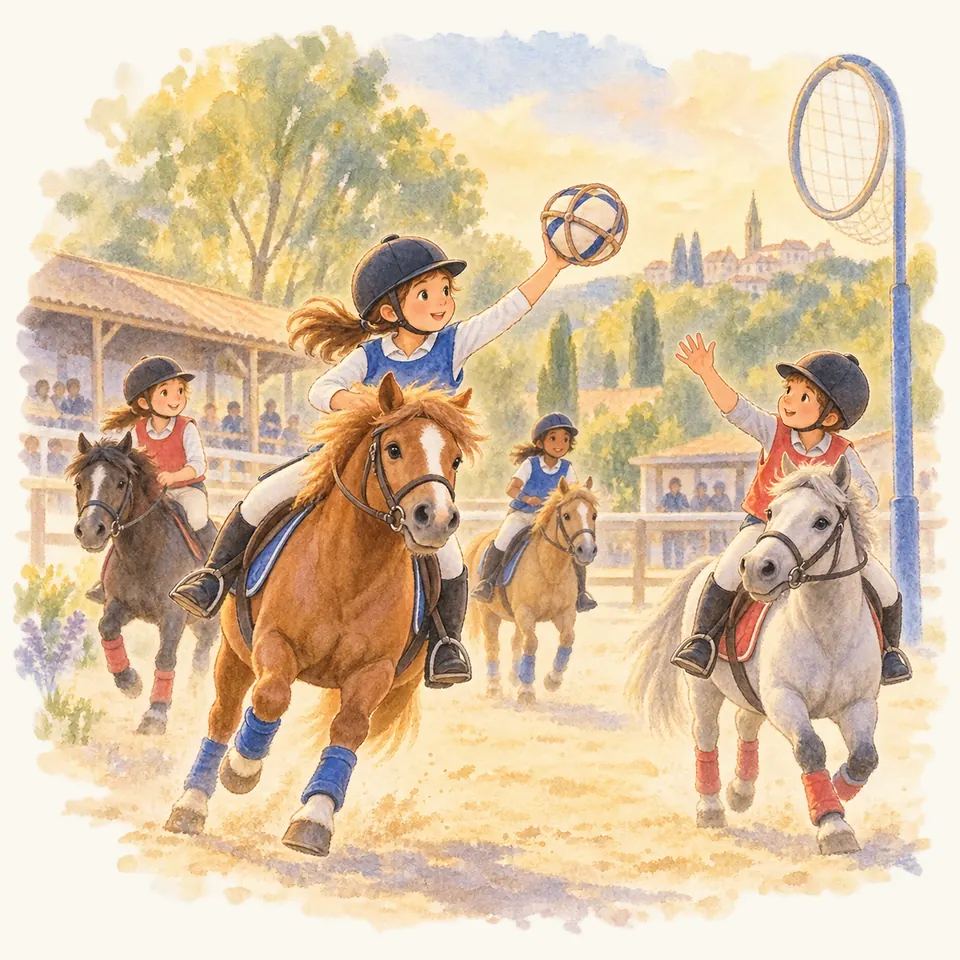 Une cavalière sur un poney alezan lève un ballon à anses face à une joueuse sur un poney gris, près d’un but de horse-ball